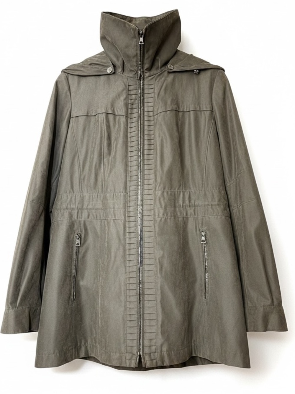 Olive Green Funnel Neck Hooded Plaid Flannel Lined Warm Rain Coat Zipper Pockets